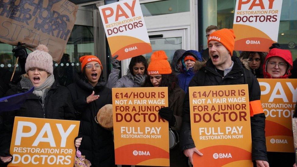 Striking NHS junior doctors on the picket line outside Queen Elizabeth hospital in Birmingham