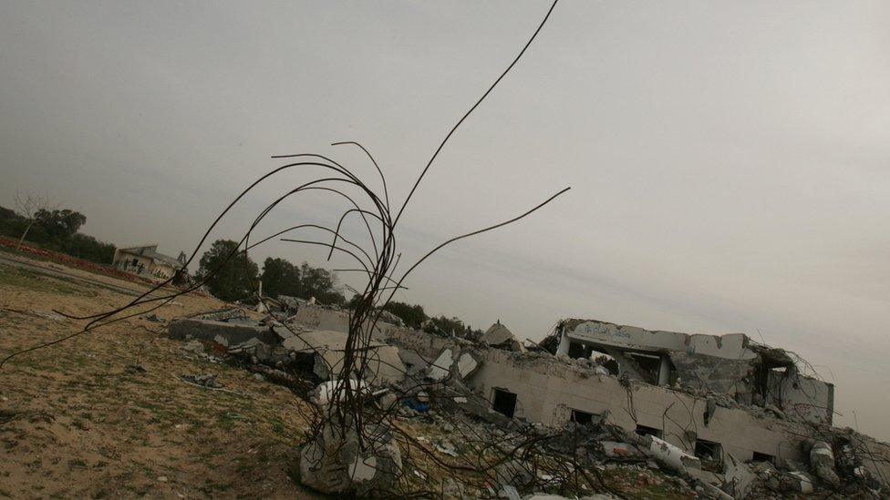 Remains of the former Gaza Strip Jewish settlement of Netzarim, which was destroyed by the Israeli army before its withdrawal in 2005 (24 January 2006)