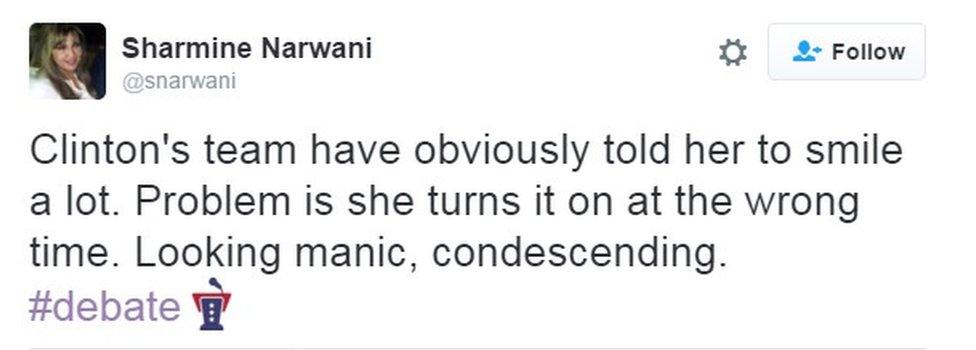 Clinton's team have obviously told her to smile a lot. Problem is she turns it on at the wrong time. Looking manic, condescending. #debate