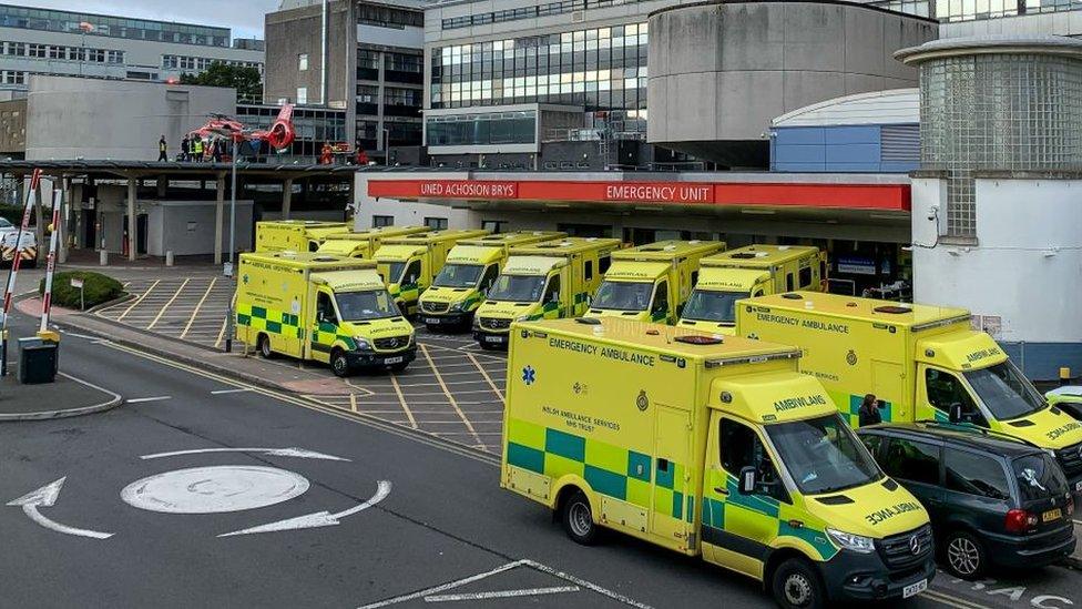 Ambulances outside University Hospital Wales in Cardiff