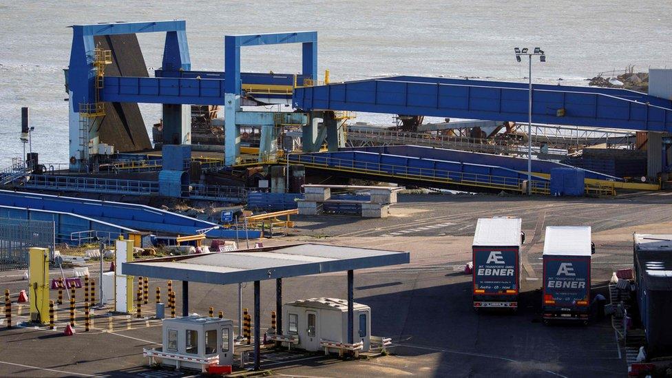 Freight lorries sit on the dockside at the Port of Ramsgate in Ramsgate,