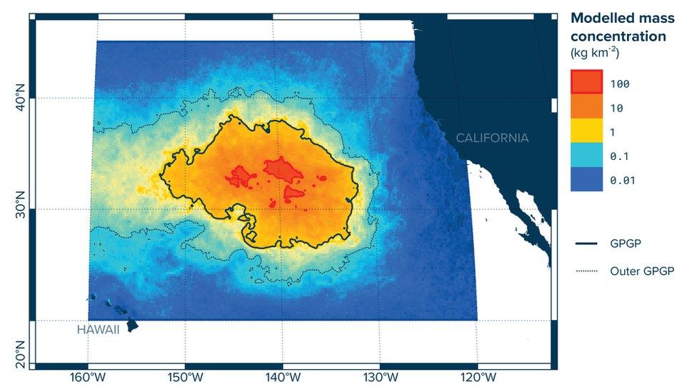 Modelled mass concentration of plastic in the area