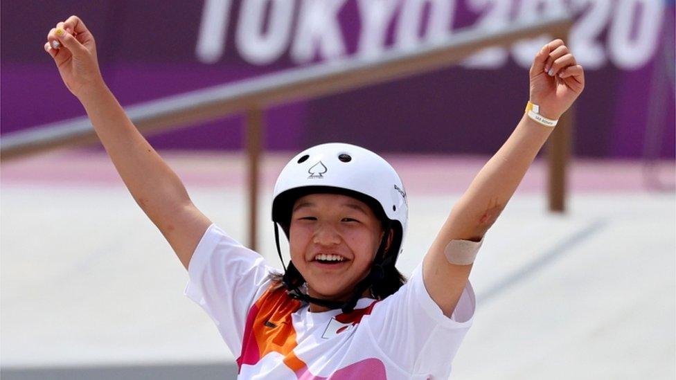 Momiji Nishiya celebrates.