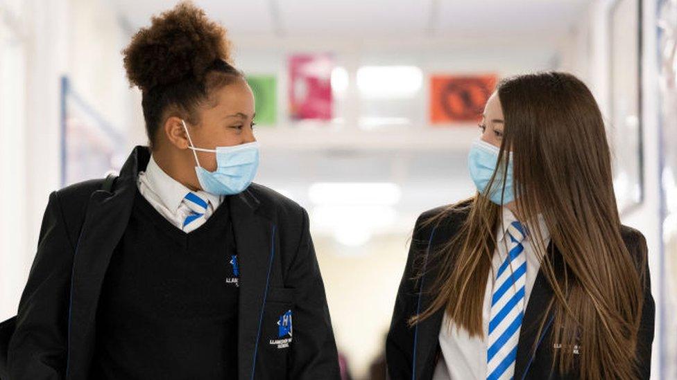 School pupils wearing face coverings