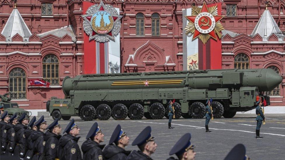 Russian Yars intercontinental ballistic missile launchers take part in the Victory Day military parade on Red Square in Moscow, Russia, 09 May 2022