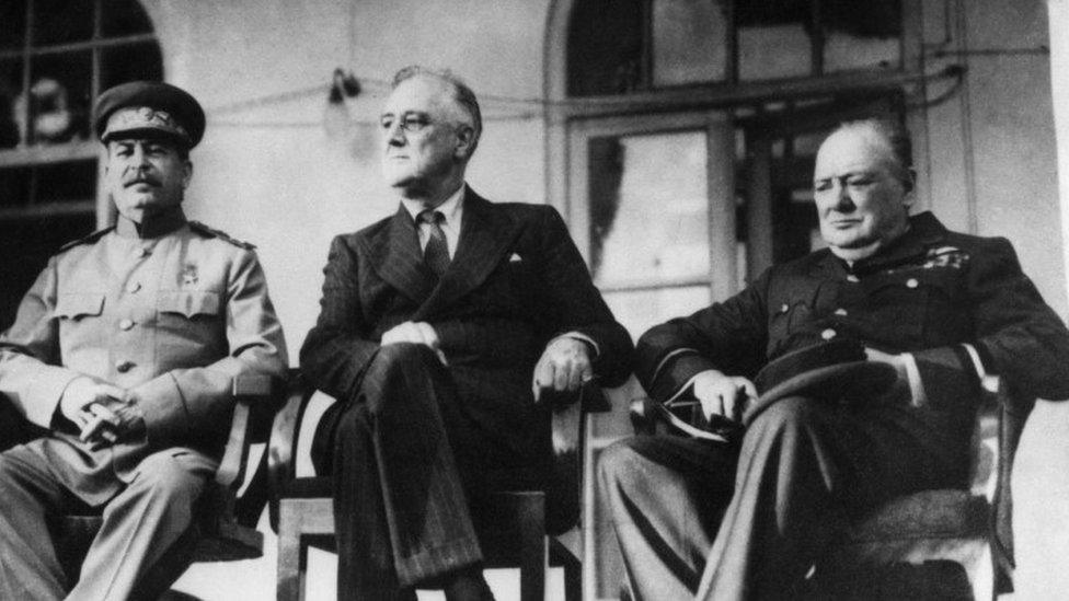 Josef Stalin, Franklin Roosevelt and Winston Churchill at the Tehran conference