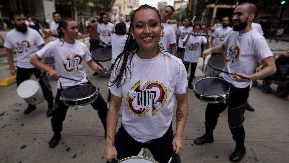 Workers and students participate in a protest against the social and economic policies of Colombia's President Ivan Duque, in Bogota, Colombia November 19, 2020