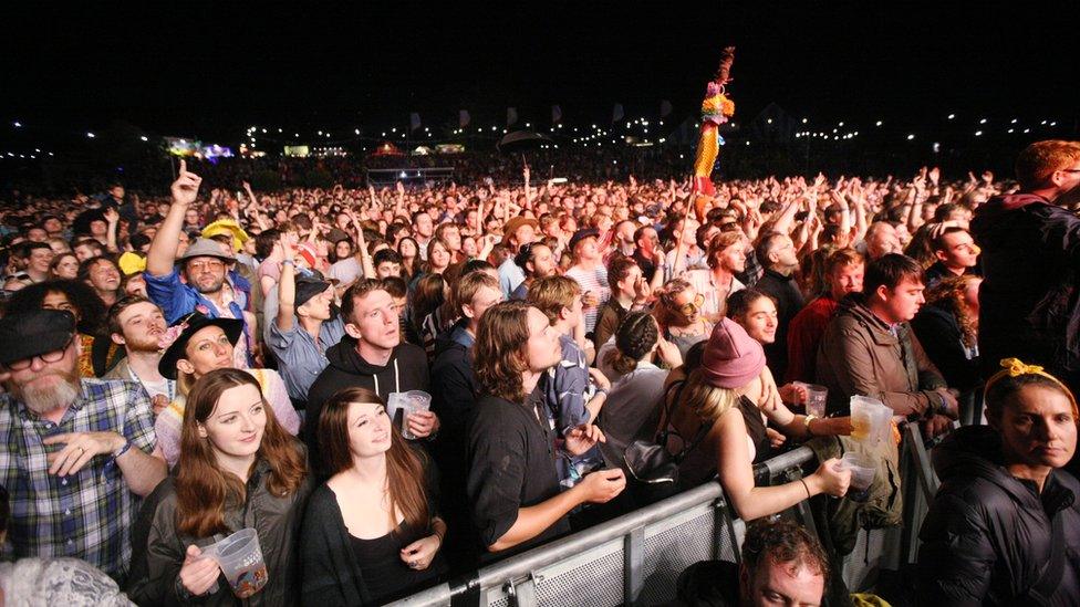 The crowd enjoys Friday night headliners Hot Chip at the Mountain Stage