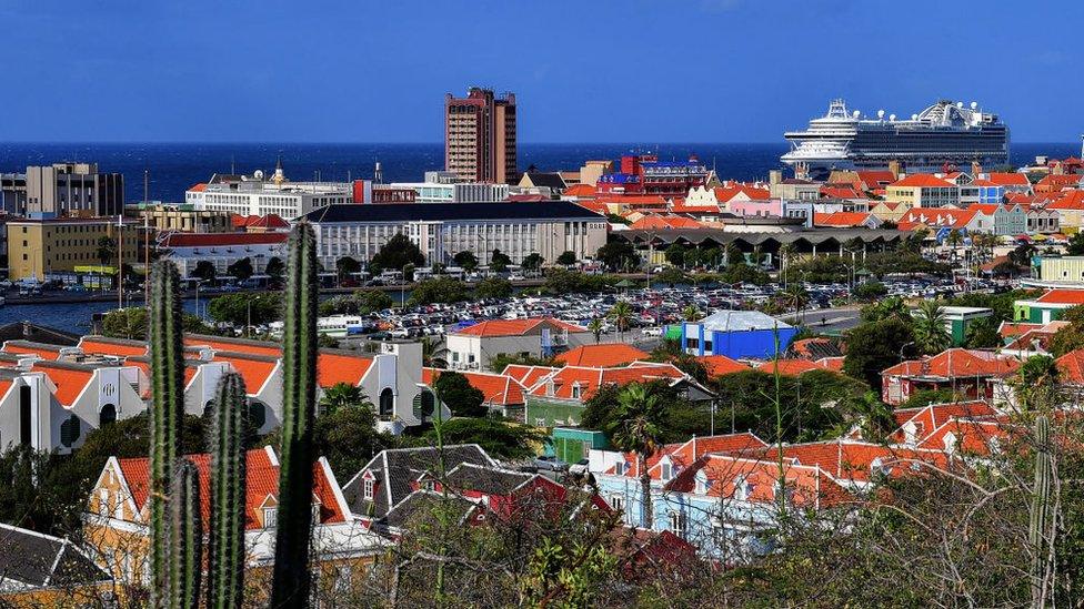 A cruise ship is seen in front of Willemstad's Bay in Curacao