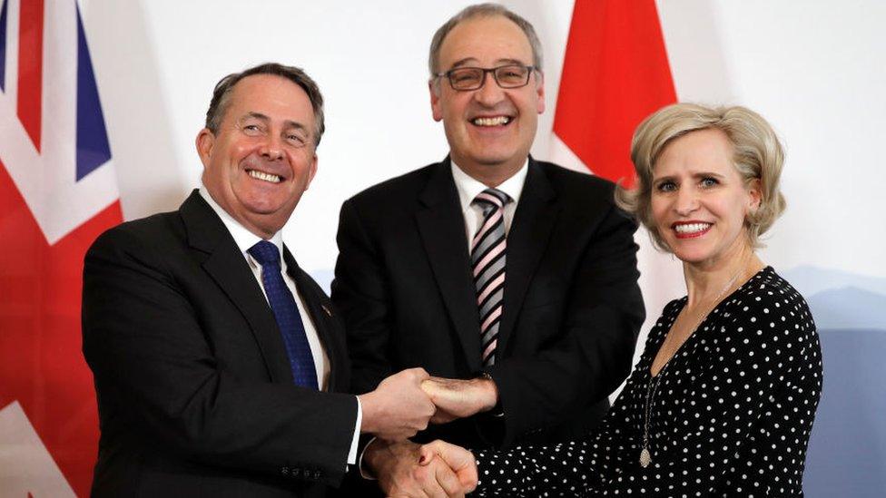 Liam Fox, Swiss Economic Minister Guy Parmelin and Liechtenstein's Minister for Foreign Affairs shaking hands