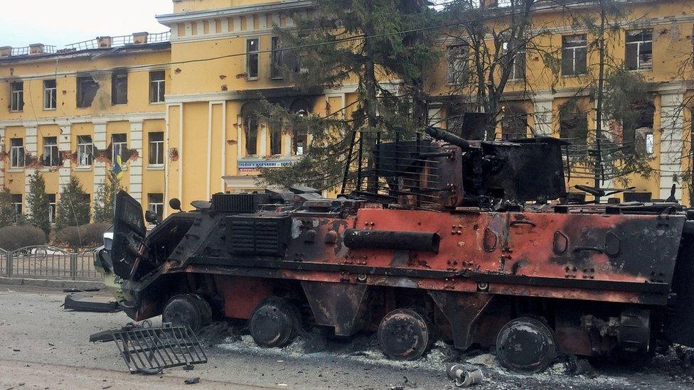 A destroyed Ukrainian vehicle in Kharkiv