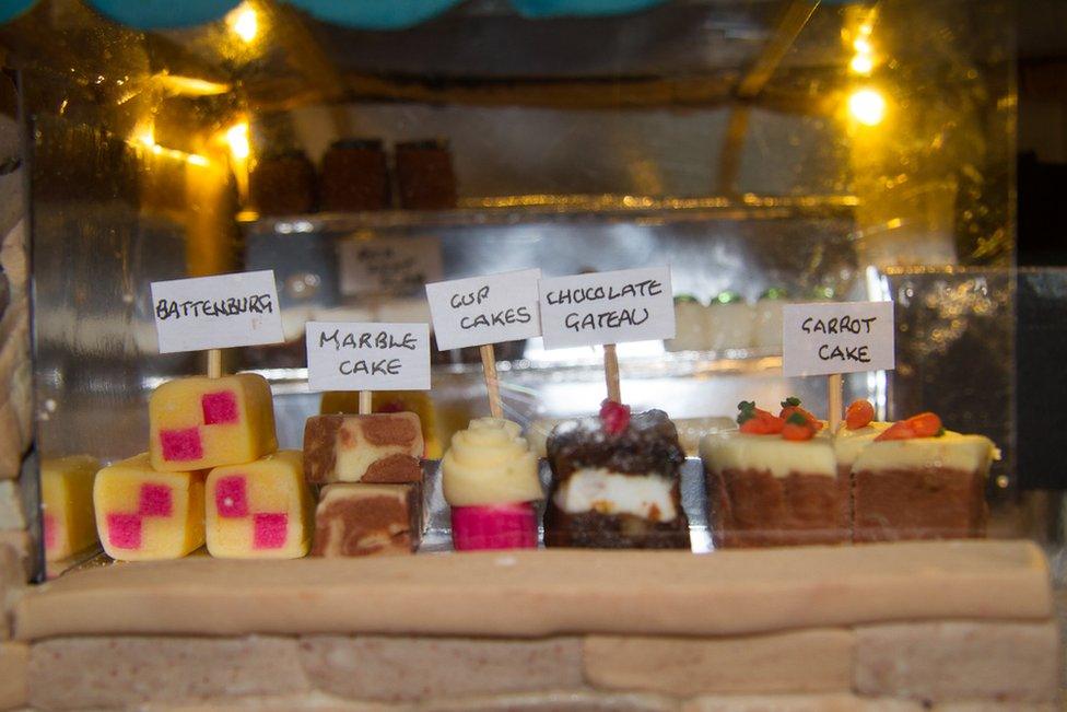 Close-up of cake showing baked goods