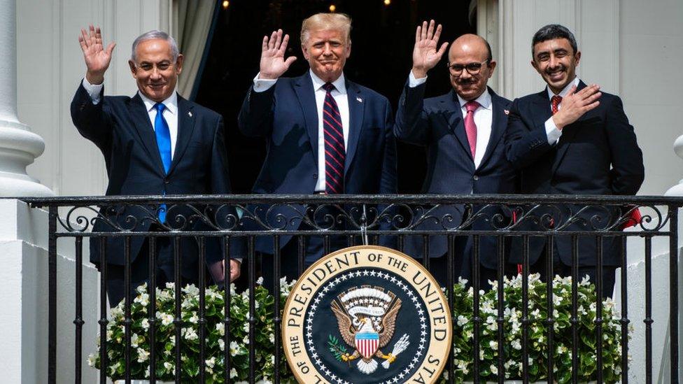 From left to right: Then Israeli Prime Minister Benjamin Netanyahu, former US President Donald Trump, Bahrain Foreign Minister Khalid bin Ahmed Al Khalifa, and United Arab Emirates Foreign Minister Abdullah bin Zayed Al-Nahyan