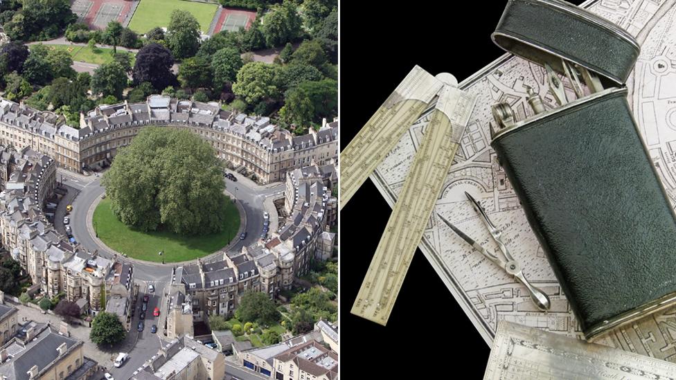 A composite image of the drawing set and The Circus in Bath