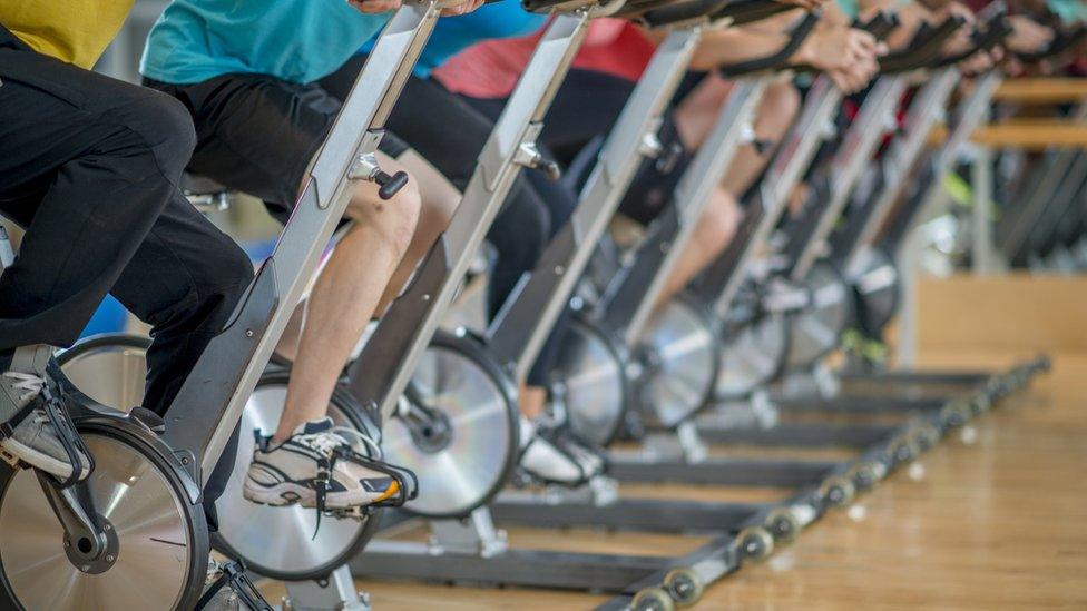 Exercise bikes in a spinning class