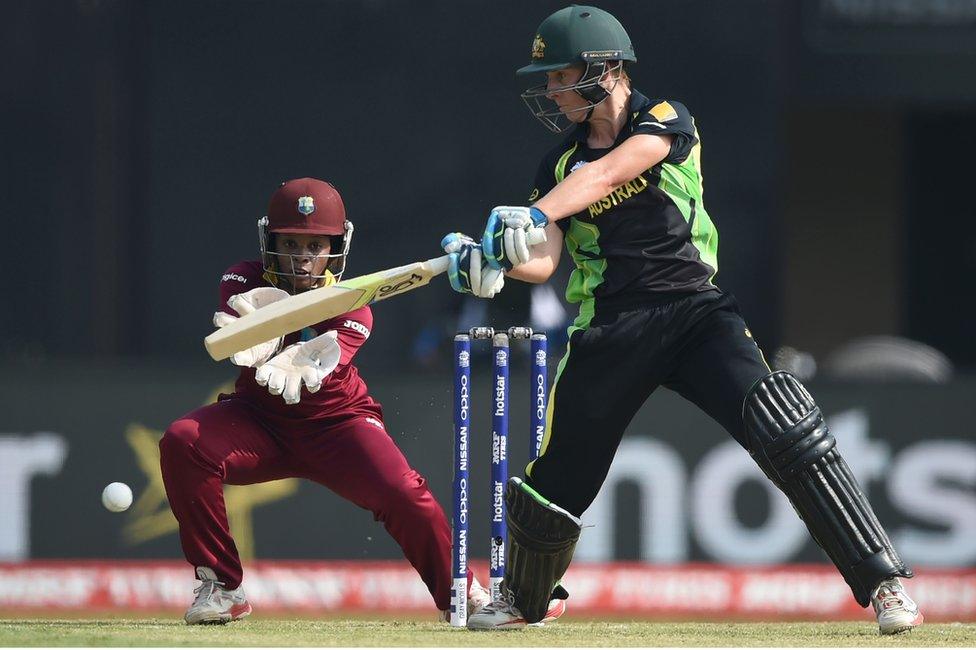 Australia's Elyse Villani (right) is watched by West Indies wicketkeeper Merissa Aguilleira as she plays a shot during the World T20 cricket tournament women's final