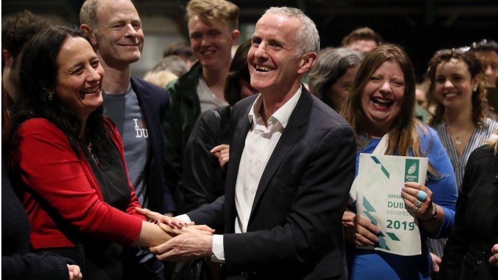 Green Party European election candidate Ciarán Cuffe (centre) topped the poll in Dublin