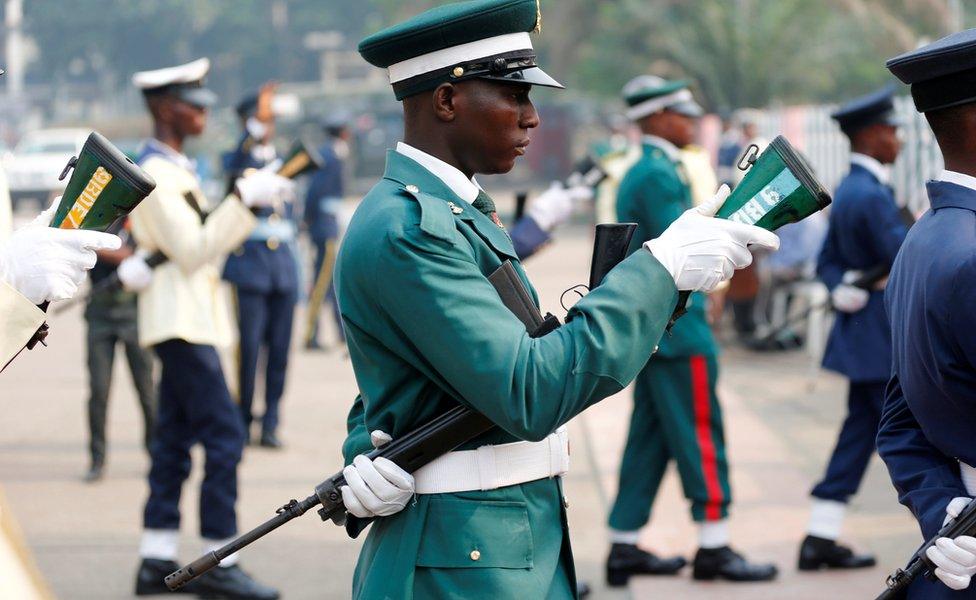A Nigerian soldier holding an upside rifle during an Army Remembrance Day parade in Lagos, Nigeria - Sunday 15 January 2017