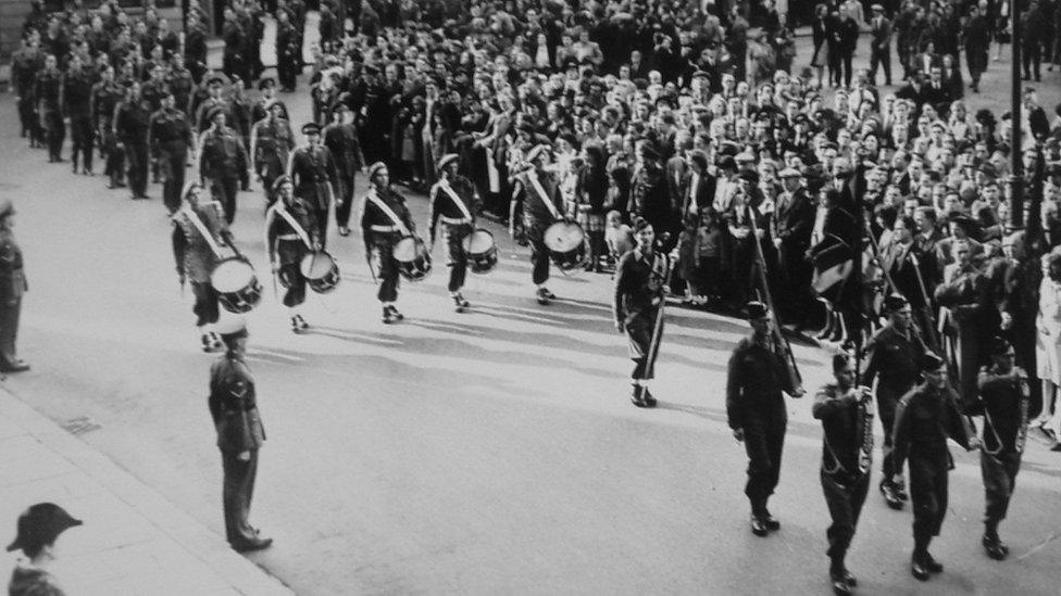 Parade for return of Cambridgeshire Regiment's drums