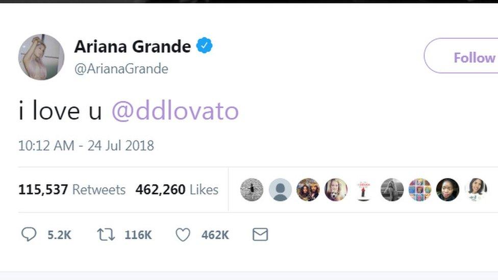 A tweet from Ariana Grande to Demi Lovato