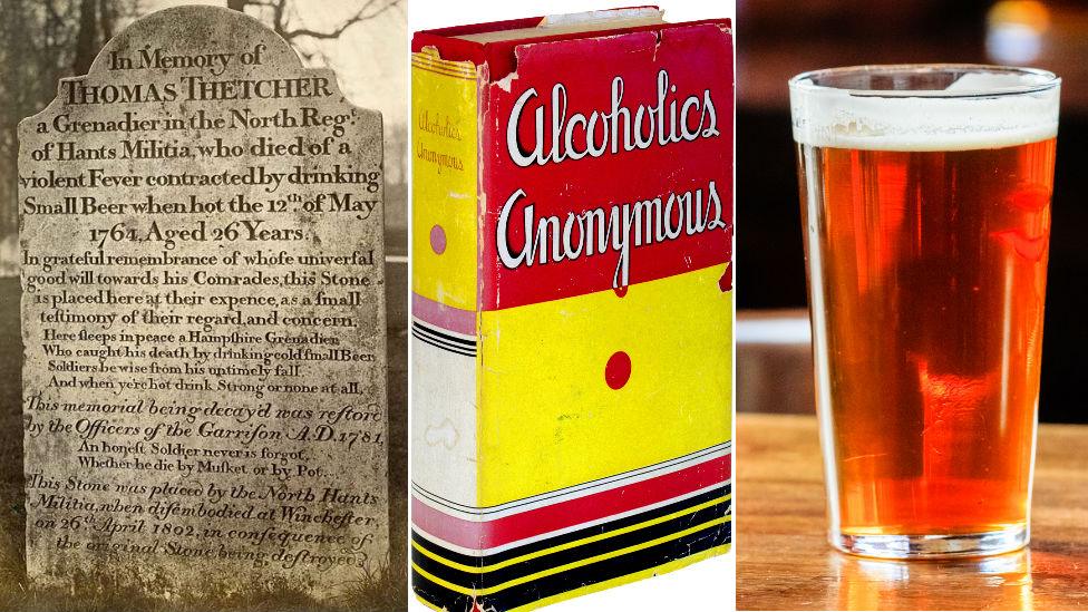 gravestone, alcoholics anonymous book and a pint of beer