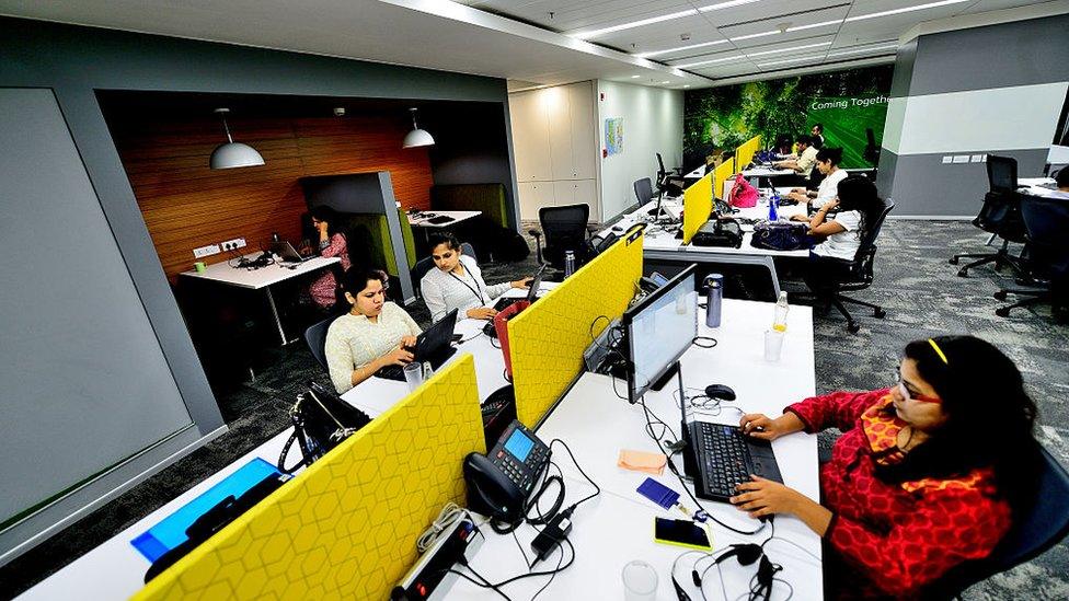 Women employees working in a office of Microsoft on May 7, 2014 in Gurgaon, India.