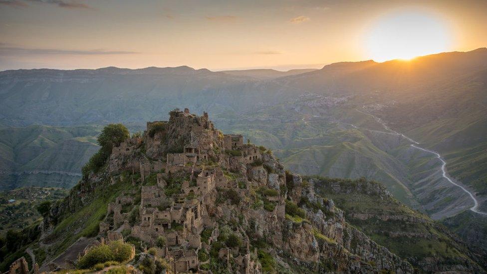 A view of the Gamsutl village, Russia's third oldest settlement, meaning "at the foot of the Khan's tower" an abandoned town in Dagestan