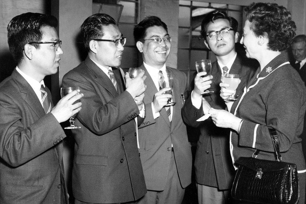 On a visit to the BBC Television Studios are, left to right : Zenichiro Uchino of Nishi Nihon Shimbun ; Kenya Murano of Nippon Hoso Kyokai/Television (Japan Broadcasting Corporation/Television), Isamu Yamashita, of Science Pictorial of Seibundo and Yasushi Kishimoto, Kyodo News Service and Mrs Grace Wyndham-Goldie, OBE, Assistant Head of Talks, BBC Television, 1959.