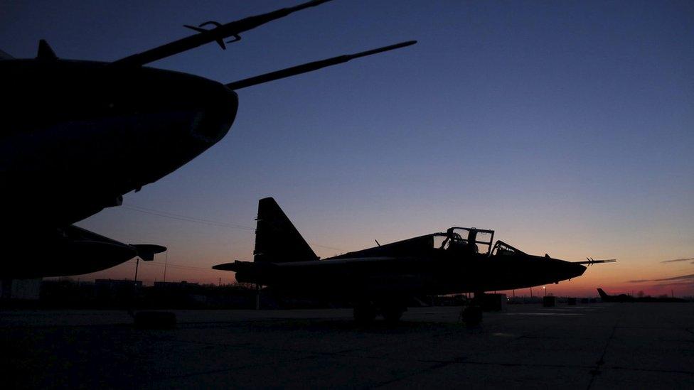 Russian Sukhoi Su-25 fighter jets are pictured after arriving from Syria, at an airbase in Krasnodar region, southern Russia. 16 March 2016