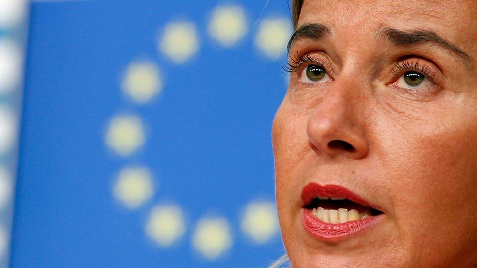 European Union High Representative Federica Mogherini speaks during a media conference at the EU Council building in Brussels, Belgium