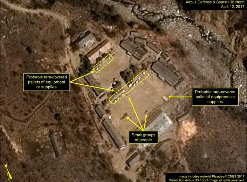 This handout picture obtained on April 13, 2017 from French space agency Centre national d'etudes spatiales (CNE - National Centre for Space Studies), Airbus Defense and Space and the 38 North analysis group, shows a satellite image taken on April 12, 2017 of North Korea's Punggye-ri Nuclear Test Site,