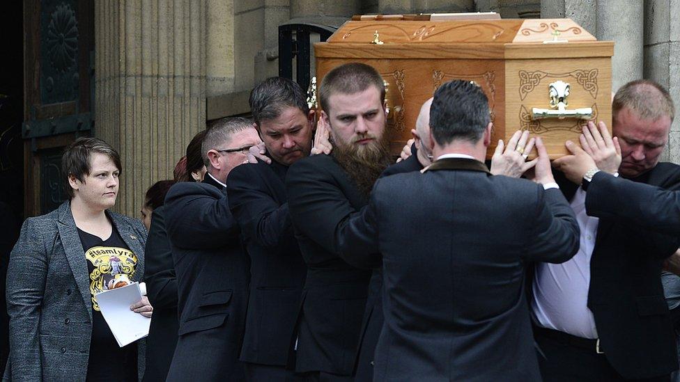 Sara Canning behind the coffin of Lyra McKee