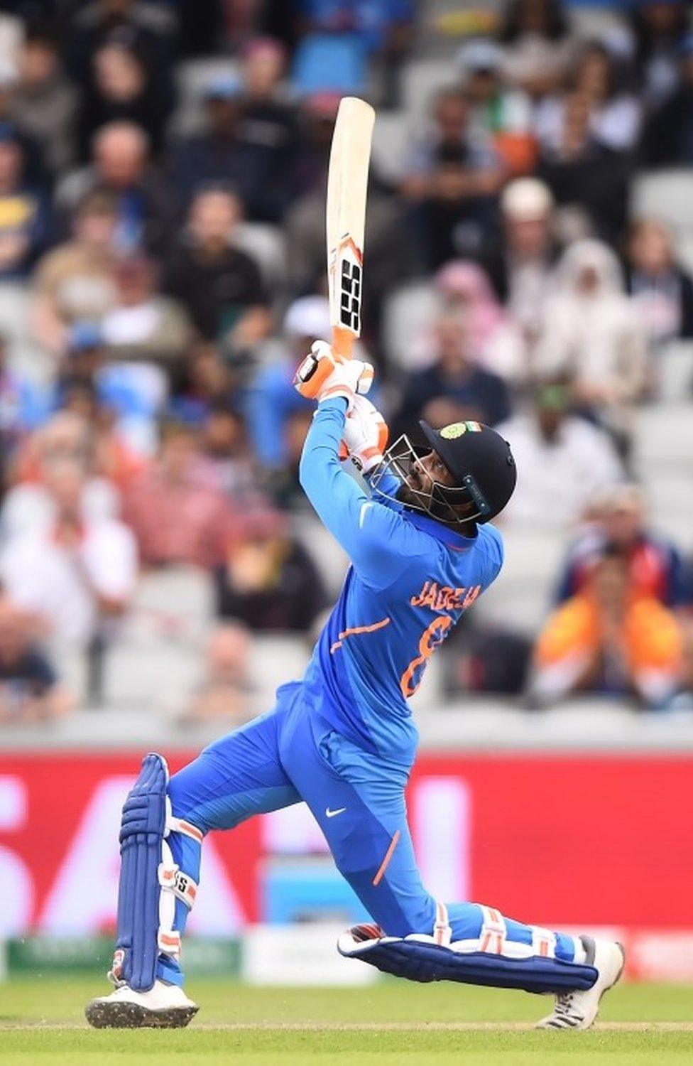 Ravindra Jadeja of India bats during resumption of the Semi-Final match of the ICC Cricket World Cup 2019 between India and New Zealand after weather affected play at Old Trafford on July 10, 2019 in Manchester, England