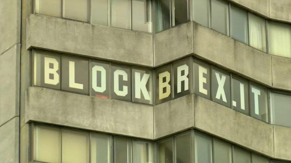 The Block Brexit sign in the window of Arlington House in Margate