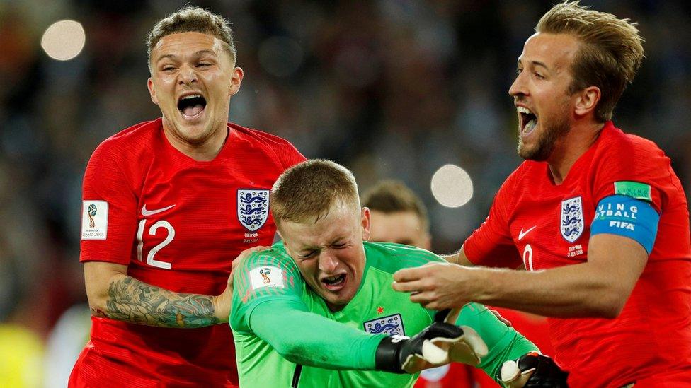 England players celebrate after penalty win against Columbia