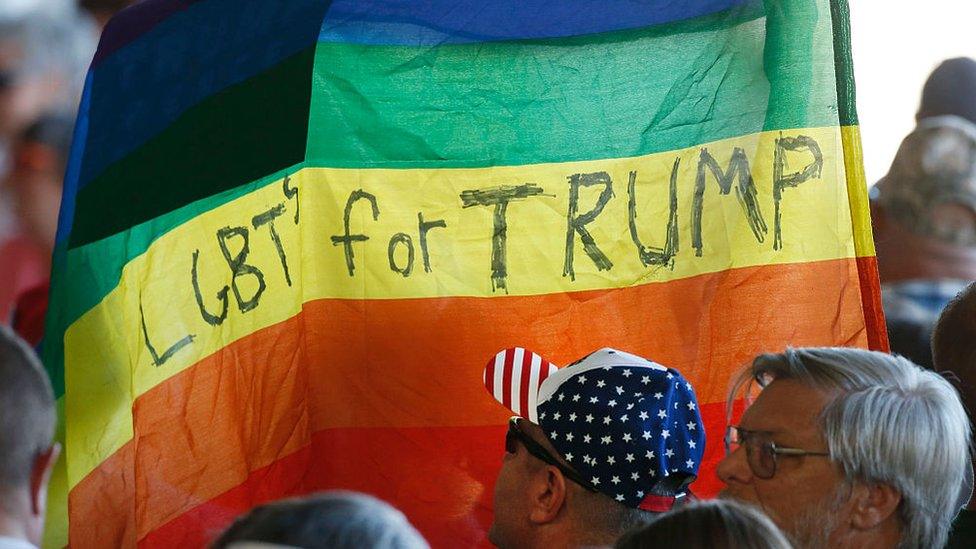 gay pride flag with Trump on it