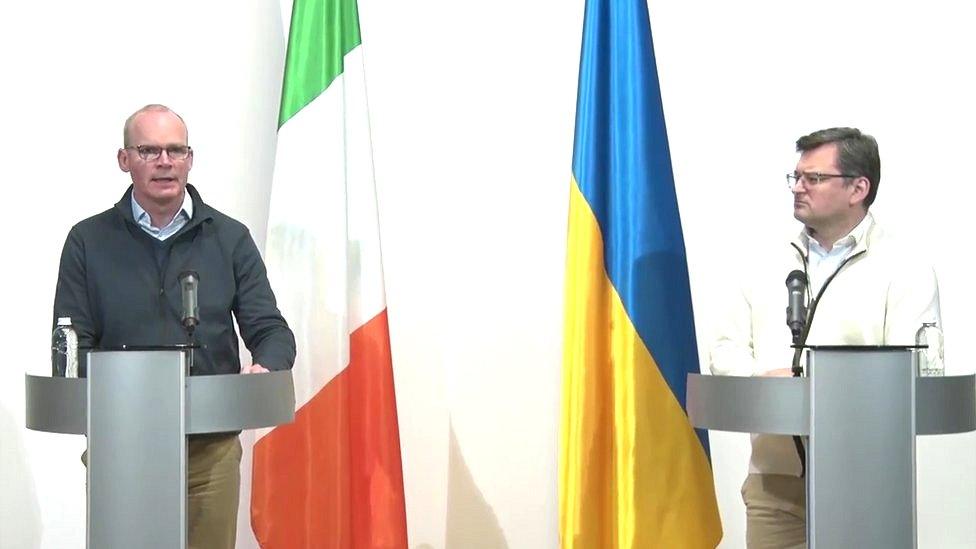 Simon Coveney appears at a press conference in Kyiv alongside Ukrainian Foreign Minister, Dmytro Kuleba.