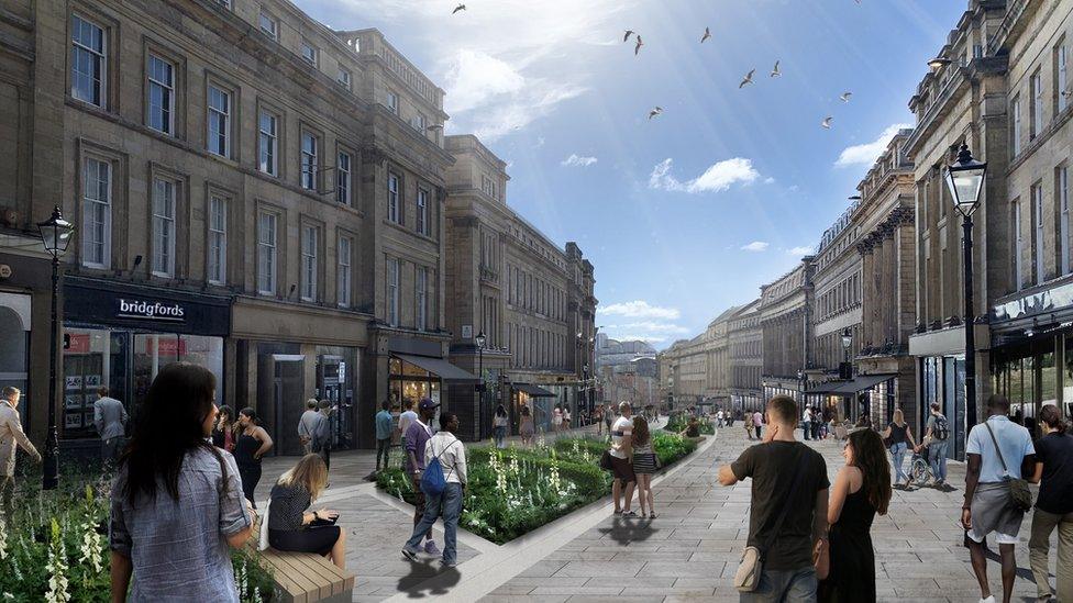 Artist's impression of a pedestrianised Grey Street