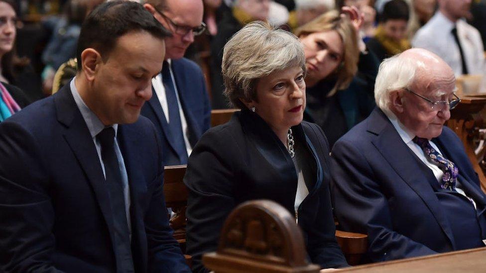 Taoiseach (Irish PM) Leo Varadkar, UK Prime Minister Theresa May and Ireland's President Michael D Higgins sat together at Lyra McKee's funeral