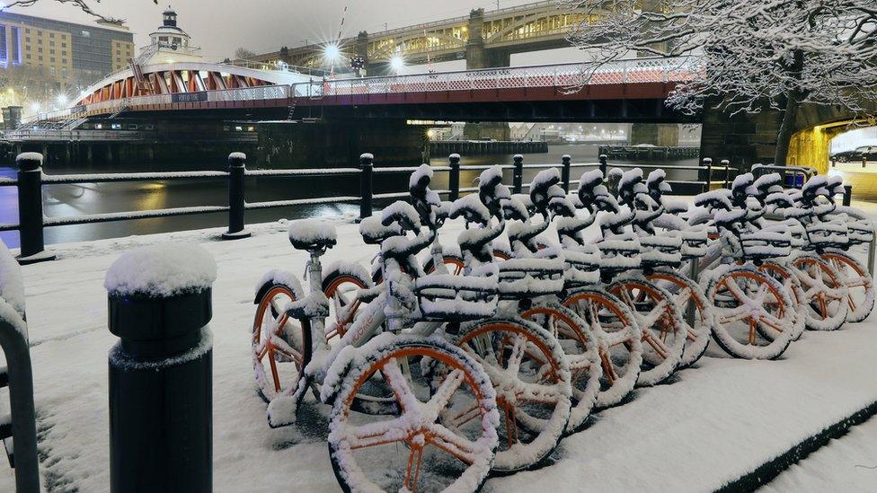 The quayside in Newcastle covered in snow