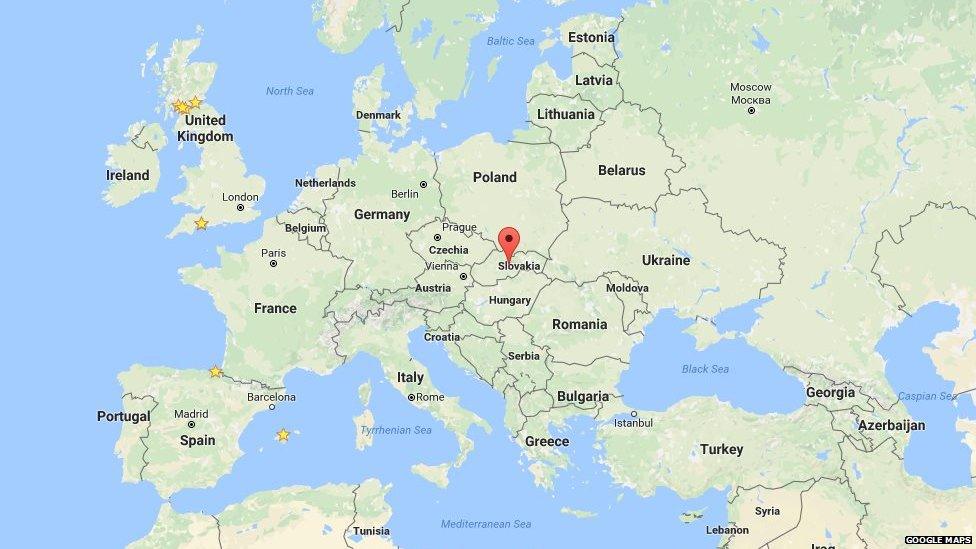 Slovakia on a map of Europe