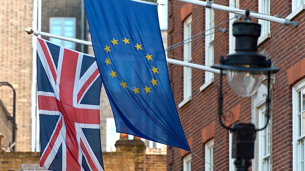 Union jack and European flags in London