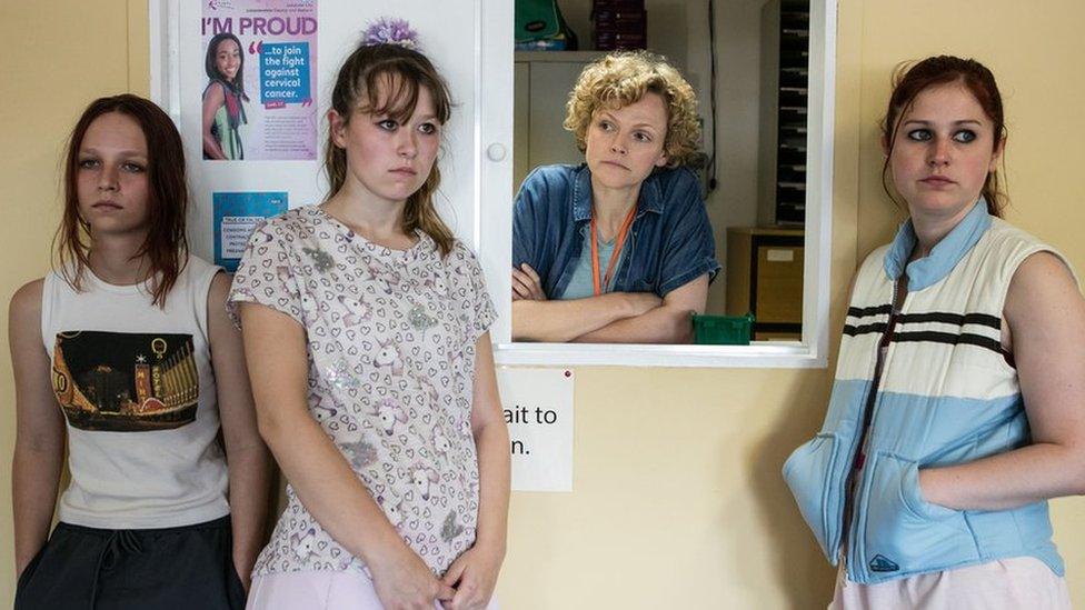 Holly (Molly Windsor), Ruby (Liv Hill), Sara Rowbotham (Maxine Peake) and Amber (Ria Zmitrowicz) in Three Girls