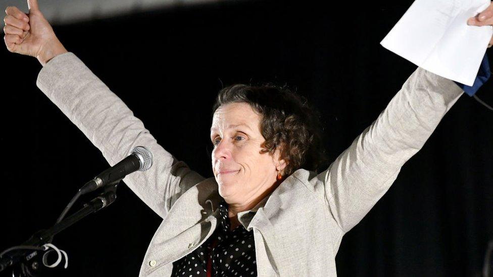 Frances McDormand spoke on stage at the Drive-In Premiere of Nomadland in California this month