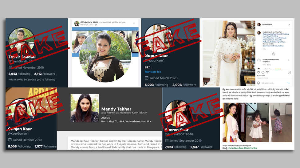 A composite of images of twitter accounts with "fake" stamped on them, next to the same images from the Twitter profile pictures used on other websites.