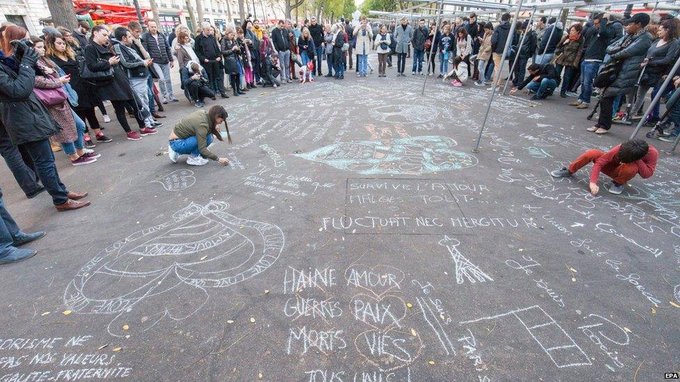 People write messages in chalk on the street