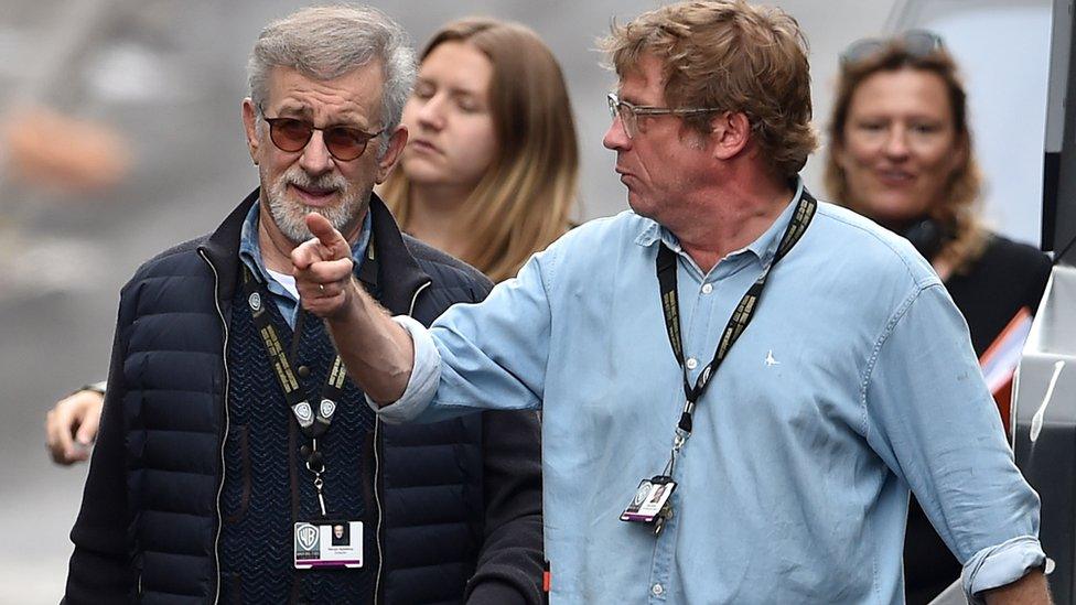 Steven Spielberg (left) and executive producer Adam Somner (right) on the set of Ready Player One in the Jewellery Quarter, Birmingham, on Tuesday 6 September