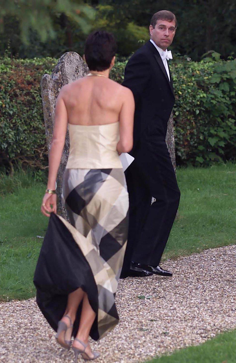 Duke of York and Ghislaine Maxwell leaving the wedding of Aurelia Cecil in Compton Chamberlayne near Salisbury