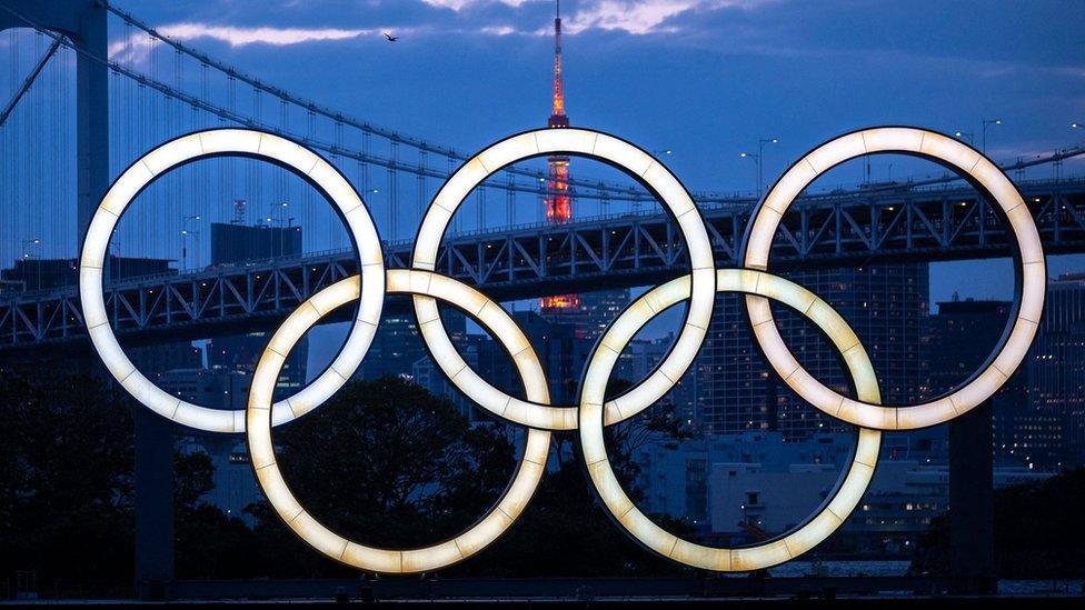 The Olympic rings on the Odaiba waterfront in Tokyo