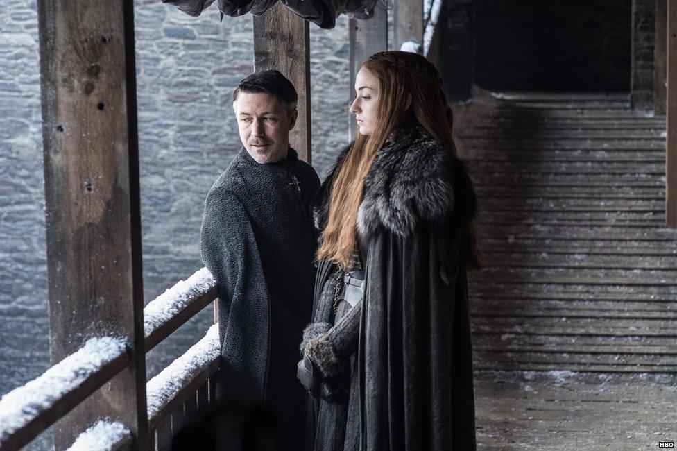 Aidan Gillen as Petyr Baelish and Sophie Turner as Sansa Stark